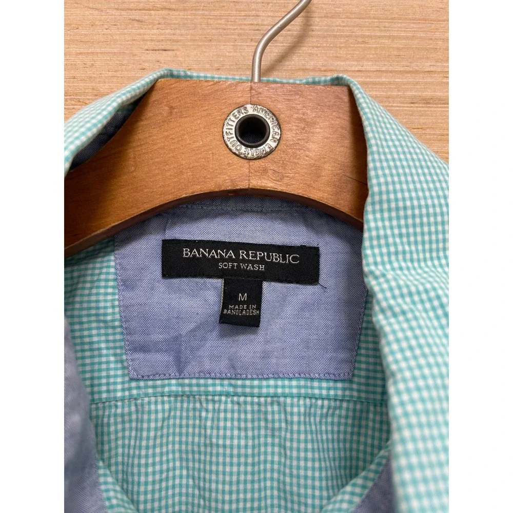 Banana Republic‎ Soft Wash Mens Medium Teal Gingham Short Sleeve Button Down